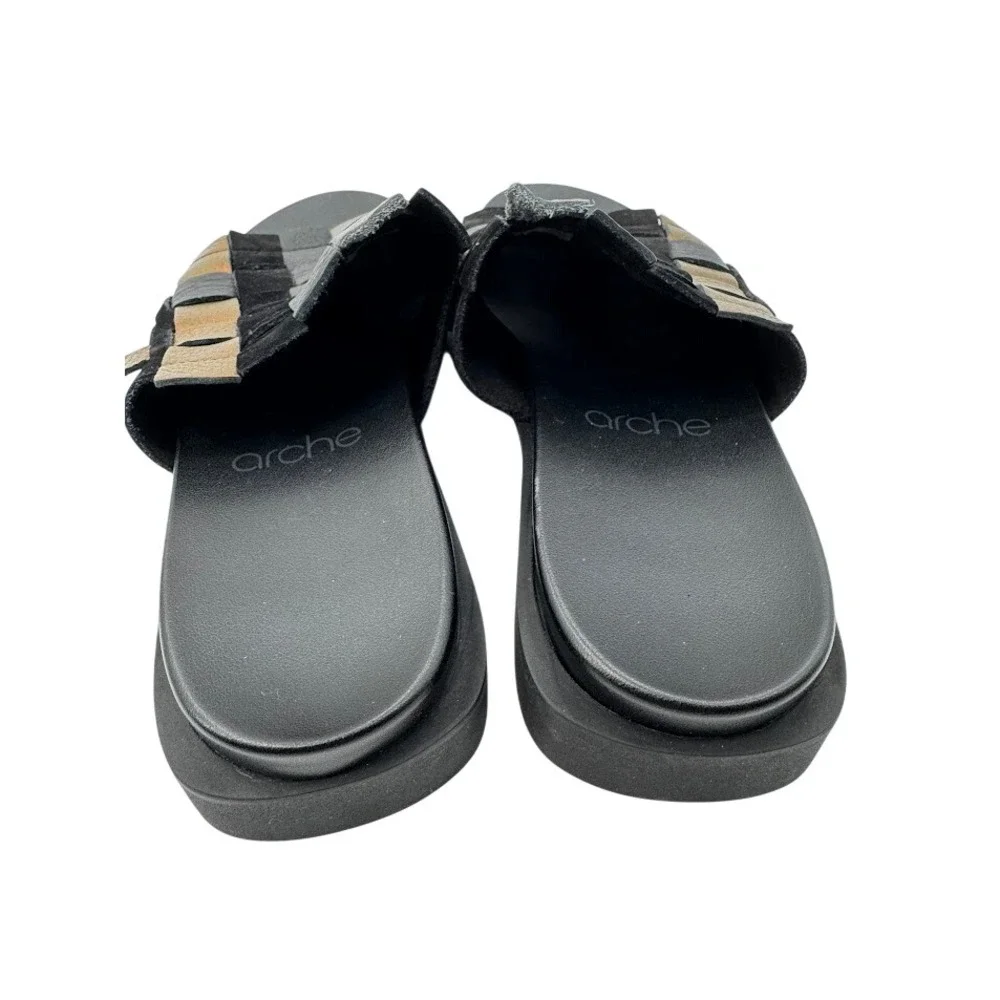 Arche Makkho Woven Leather Slide Sandals Black Bronze Silver Metallic Flat EU 37